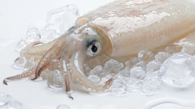 A pristine, raw cephalopod, likely a fresh squid or cuttlefish, rests elegantly on a bed of glistening ice cubes against a clean white background. Its translucent body, adorned with delicate water dro