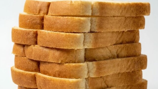 A pristine stack of fresh, golden-crusted white bread slices is perfectly arranged against a bright, clean white background. The soft texture and wholesome appeal evoke a sense of comfort and simple n