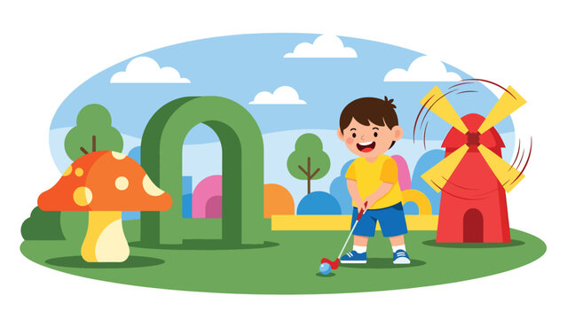 Flat vector illustration of a kid playing mini golf at a theme park course with whimsical obstacles, score sign, trimmed grass and open sky for copy space. Solid colors, no gradients