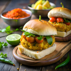 Pav Bhaji Sandwich displayed on rustic wooden cutting board. Freshly prepared. vibrant yellow patty with toppings of cherry tomatoes. and fresh herbs served with a lime wedge.
