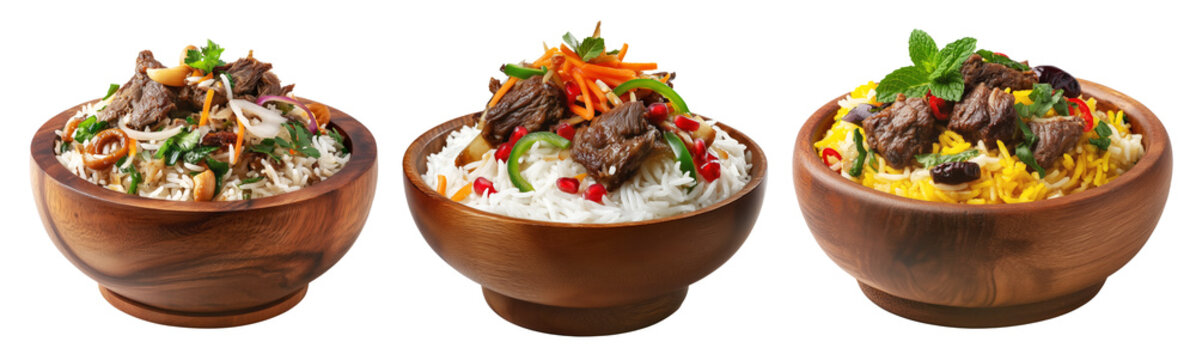 Set of Mandi Yemeni basmati rice with beef, lamb, herbs, and vegetables in wooden bowl, isolated on white transparent background