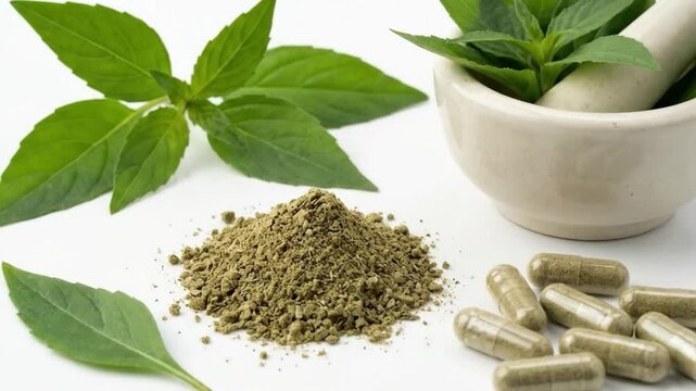 A pristine white surface displays a harmonious arrangement of natural wellness elements. Fresh, vibrant green leaves are poised beside a traditional mortar and pestle, symbolizing the preparation of b