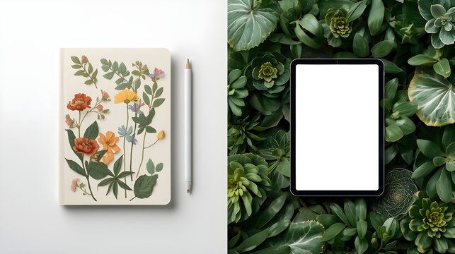 Floral Case Tablet with Stylus and E-Reader for Digital Reading Surrounded by Fresh Green Plants