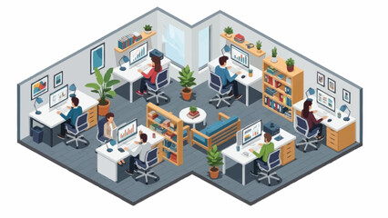 Obraz premium Modern office space with employees working at desks in an open plan environment.