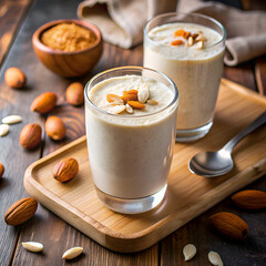 Almond and pumpkin seed smoothie in clear glasses on a wooden tray. Healthy beverage topped with nuts and seeds. displayed on a rustic wooden table.