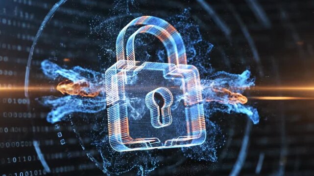 A futuristic digital illustration of a glowing blue padlock surrounded by a halo of light, set against a dark blue background with binary code and circuit-like patterns