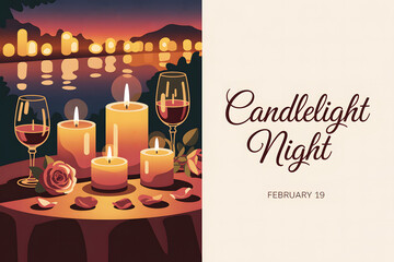 Candlelight Night February Nineteen Romantic Table With Glowing Candles Roses And Wine Glasses Cozy Evening Love Celebration Digital Illustration