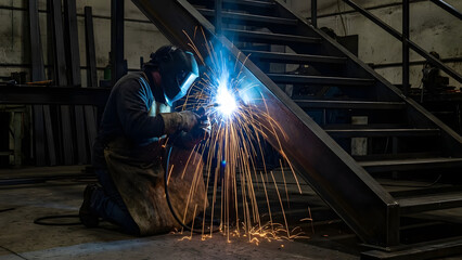 Industrial welder with sparks in factory workshop