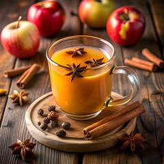 Autumnal spiced apple cider in a clear glass mug. surrounded by cinnamon sticks. star anise. and apples. Cozy autumnal beverage scene with warm tones and spices.