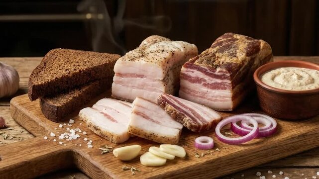 A rustic culinary arrangement featuring generous slices of richly cured pork fat and marbled pork belly, perfectly seasoned and invitingly presented on an aged wooden cutting board. This appetizing sp