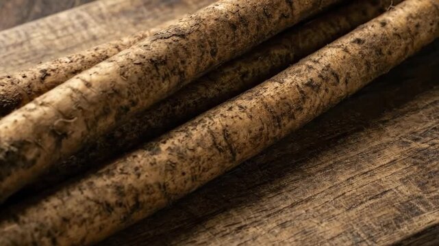 A rustic presentation of freshly harvested burdock roots, also known as Gobo root, artfully arranged on a dark, textured wooden board. The long, slender root vegetables exhibit their natural, earthy b