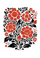 Vector monochrome slavic decorative floral card. Black silhouette of tracery ornament with red flowers on white background for invitation, postcard
