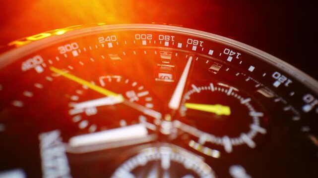 Macro close-up of luxury chronograph watch illuminated by intense orange light. The scene highlights precision timekeeping, a dramatic cinematic atmosphere.