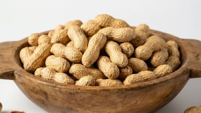 A rustic wooden bowl is generously filled with natural peanuts in their shells, set against a clean, bright background. The textured, earthy brown shells are visually appealing, highlighting the raw a