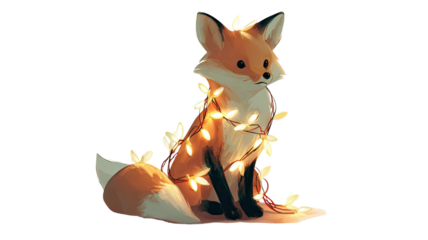 Cute fox illustration wrapped in glowing fairy lights digital animal artwork fantasy character isolated on white background