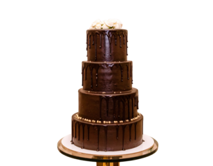 Mouth-watering 3-tier dark chocolate dripping tall cake on an isolated background  