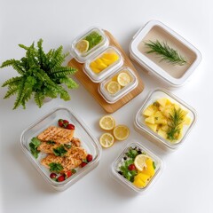 Fresh Meal Prep Containers with Delicious Salmon, Fruits, and Vegetables for Healthy Eating