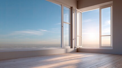 Bright and airy modern interior with large open windows showcasing a serene sky and soft sunlight rays in a spacious room