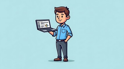 Smiling young professional presenting data on laptop in modern setting