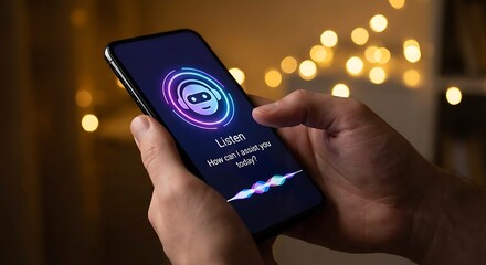 Hands holding smartphone with virtual assistant on screen at night