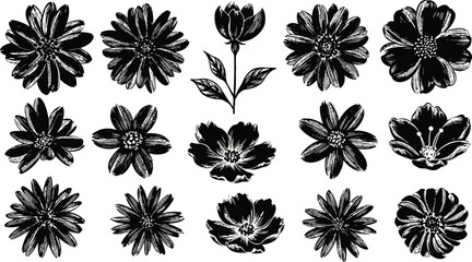 Geometric floral set of seamless patterns. White and black vector backgrounds. Damask graphic ornaments.