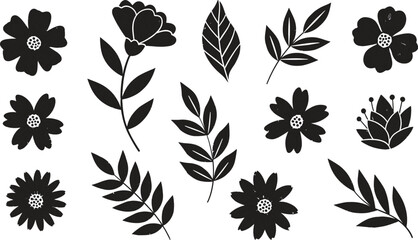 Geometric floral set of seamless patterns. White and black vector backgrounds. Damask graphic ornaments.