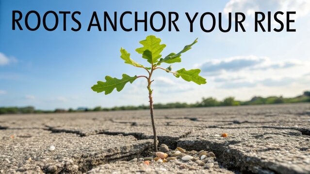 Tiny oak sapling emerging from cracked concrete outdoors