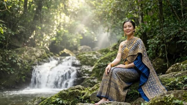 A serene woman in elegant, intricately patterned traditional attire and rich gold jewelry sits gracefully amidst a lush tropical forest. Sunlight filters through the dense canopy, illuminating the sce