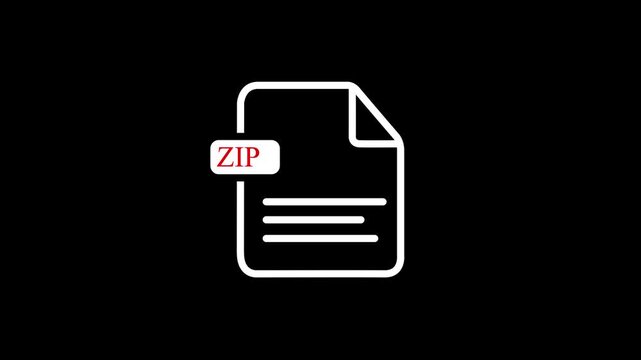 White ZIP file icon with text label on black background, with compression, document, data, storage, download, upload, transfer, digital, computer, technology icon animation.