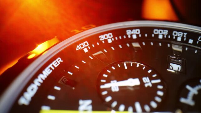 Macro close-up of a luxury chronograph watch dial illuminated with dramatic orange light. Precision timekeeping, high-end design, and premium craftsmanship in a cinematic style.