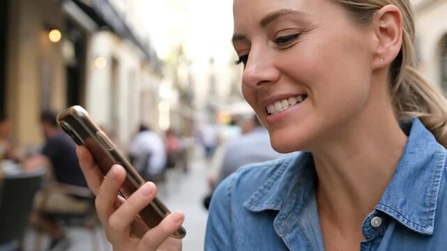 A smiling woman engages in a lively phone conversation while seated outdoors at what appears to be a bustling urban cafe or restaurant patio. Her expression conveys joy and connection, highlighting ef