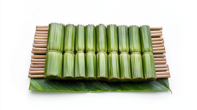 Traditional Filipino suman rice cakes, wrapped in banana leaves and steamed, are presented on a bamboo mat against a clean, bright white background scene.