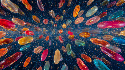 Colorful bean varieties exploding like fireworks against starry backdrop, bursting into glowing life-energy particles.