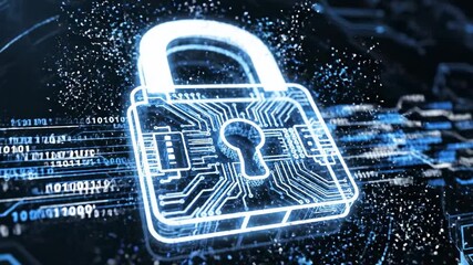 A futuristic padlock with a keyhole, surrounded by circuit board patterns and neon blue glow, set against a dark background