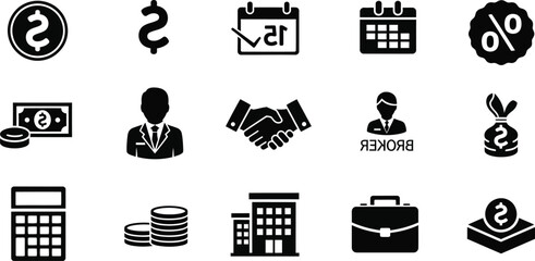 Financial business and investment icons with download money bank building dollar gear starburst in blue and teal color palette for economic management corporate