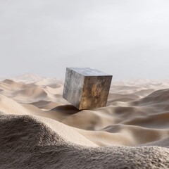 Abstract Scene Featuring a Concrete Cube on Smooth Sand Dunes Under Soft Light and Dreamy Atmosphere