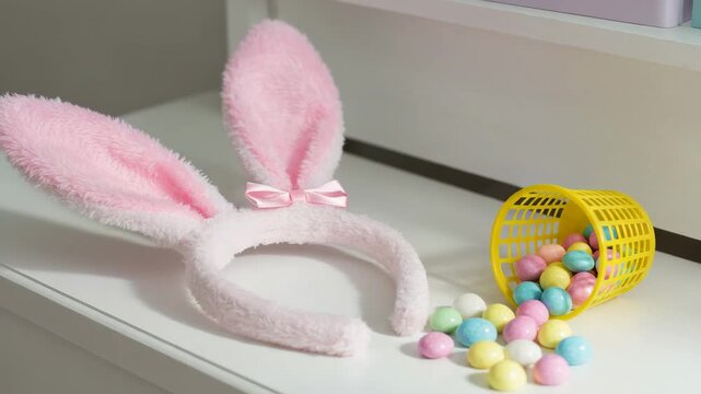 Pink bunny ears and candy eggs in yellow basket on white shelf  