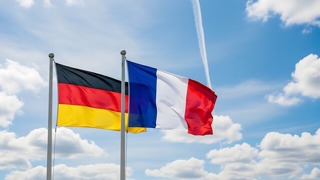 German and french flags waving together in the sky