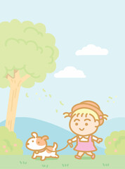 Fototapeta premium Little Girl Walking Her Cute Puppy in the Sunny Park Illustration