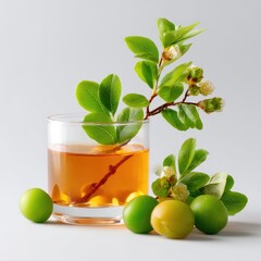 Fresh herbal drink with green fruits and vibrant leaves garnished in clear glass on light background