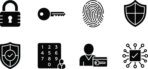 Collection of security icons displaying different aspects of digital protection and authentication methods