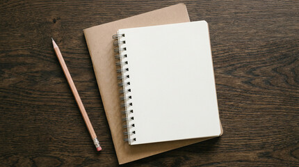 Top above overhead view flat lay photo of a blank notebook and wooden pencil beside isolated on wooden background with copyspace