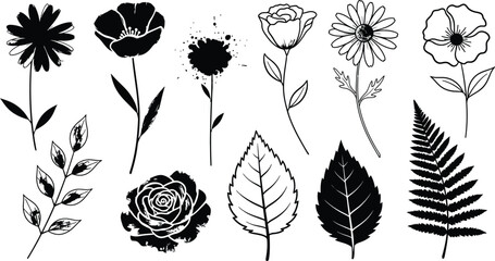 Geometric floral set of seamless patterns. White and black vector backgrounds. Damask graphic ornaments.