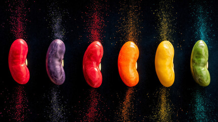 Colorful bean varieties exploding like fireworks against starry backdrop, bursting into glowing life-energy particles.