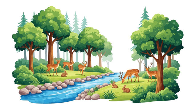 A peaceful forest scene with deer drinking from a clear flowing stream