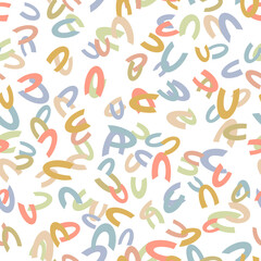 Abstract geometric seamless pattern Colorful simple letters, symbols, signs Muted light pastel colors Fabric design, home textile