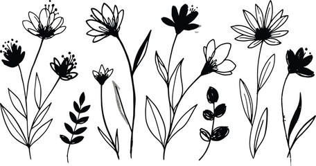 Geometric floral set of seamless patterns. White and black vector backgrounds. Damask graphic ornaments.