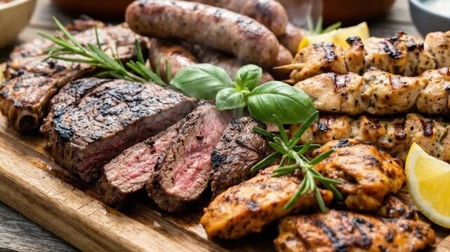 A tantalizing array of freshly grilled meats is beautifully presented on a rustic wooden serving board, promising a hearty and delicious culinary experience. The platter features perfectly seared, sli