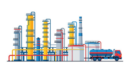 Obraz premium Industrial complex with refinery towers pipelines and a fuel transport truck