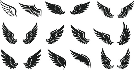 A comprehensive set of black wing icons and logos in different styles, perfect for brand identity and graphic design projects.